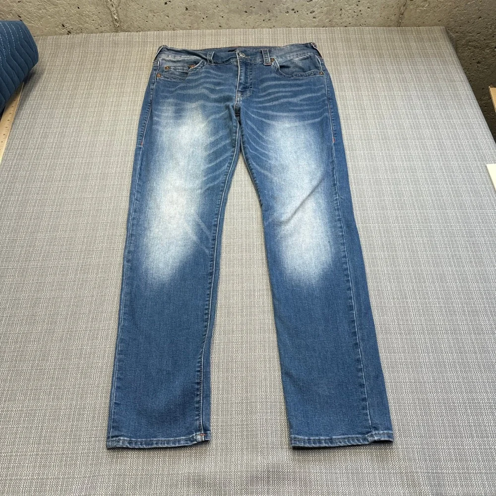 True Religion Rocco‎ Relaxed Skinny Jeans 33 x31 Blue Faded Whiskered Stretch